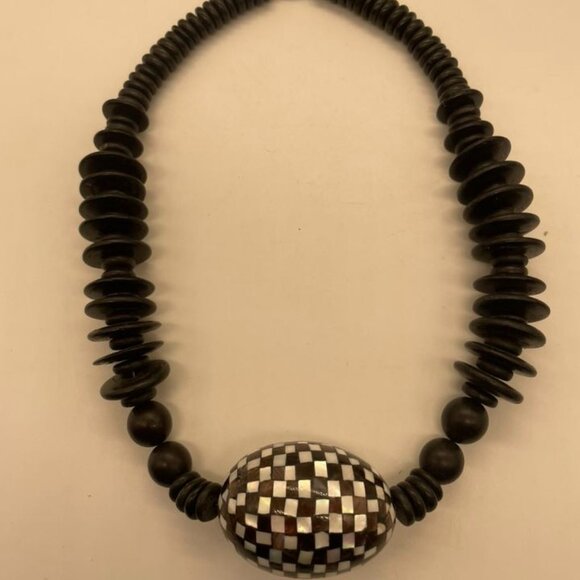 NWOT Black Wood Bead Necklace with Mother of Pearl Covered Center Bead - Picture 1 of 8